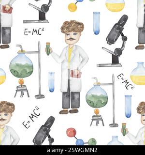 Aquarellelemente mit nahtlosem Muster, Röhrchen, Mikroskop-Wiederholungspapier, Scrapbooking Stockfoto