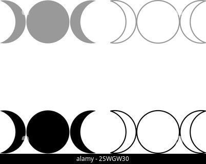 Simbol dreifache Göttin religiöses Zeichen Mondphasen wiccan Set Symbol grau schwarz Farbe Vektor Illustration Bild einfache Vollfüllung Umrisslinie Stock Vektor