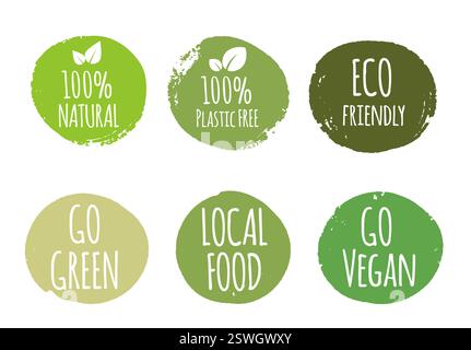 Satz umweltfreundlicher Abzeichen mit grünen Wasserfarben und weißem Text. Perfekt für nachhaltiges Branding, Verpackung und Marketing Stock Vektor