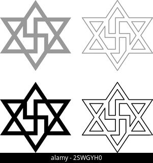 Raelismussymbol David Stern der Galaxie Raeliteli Set Icon grau schwarz Farbe Vektor Illustration Bild einfache Vollfüllung Kontur Linie dünn Stock Vektor