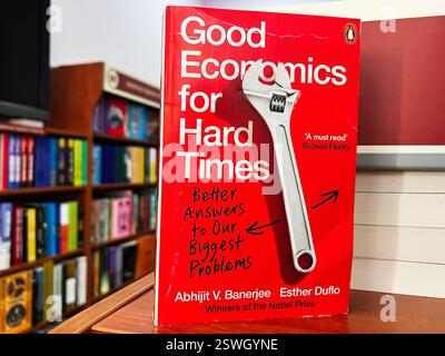 Lviv, Ukraine - 20. Februar 2025: Good Economics for Hard Times von Abhijit V. Banerjee und Esther Duflo. Nahaufnahme eines ökonomischen Themenheftes hat mich platziert Stockfoto