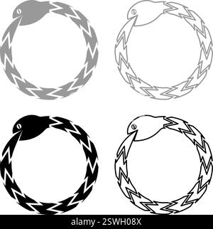 Uroboros Zhulong Schlange essen eigenen Schwanz gewickelt im Ring Ouroboros Schlange Set Symbol grau schwarz Farbe Vektor Illustration Bild einfache feste Füllung Umriss Stock Vektor