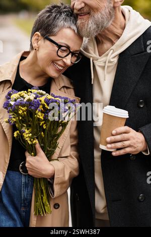 Ein liebevolles Paar teilt einen freudigen Moment, während es draußen spaziert und das Leben und den anderen umgeht. Stockfoto