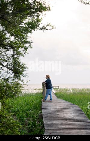 Frau, die auf einem hölzernen Pier steht und über ruhiges Wasser blickt Stockfoto