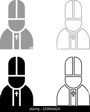 Papst katolischer Mann Kirche Bischof Set Icon grau schwarz Farbe Vektor Illustration Bild einfache Vollfüllung Umrisslinie dünne flache Art Stock Vektor
