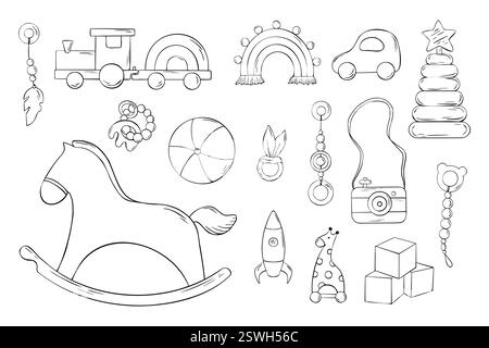Großes Set aus Baby-Holzspielzeug Silhouette. Skizze von Kindern, die ein Pferd schaukeln, Würfel, Kinderspielzeug. Handgezeichnete lineare Symbolrakete, Pyramide. Gravur i Stock Vektor