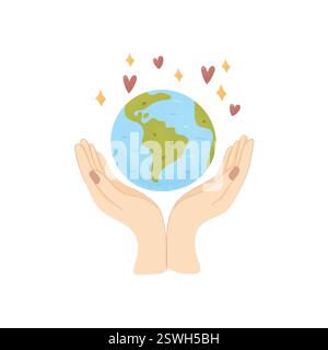 Hände, die die Erde mit Herzen und Sparkles halten – Illustration zum Umweltbewusstsein Stock Vektor