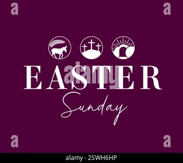 Feiertagskonzept am Ostersonntag mit Palmensonntag, Karfreitag und Open Tomb Icons. Typographisches Webbanner für den Gottesdienst in der Karwoche mit Esel und Calvary Stock Vektor