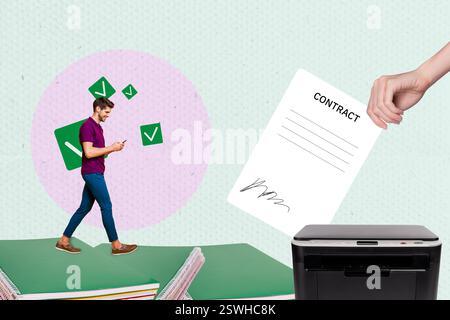 3D-Collage Poster Vorlage Trend-Grafik Skizze des Personalpersonals Recruitment Manager junger Mann Walk Dokument Vertragsdrucker Stockfoto