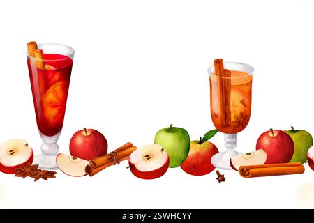 Heißer, duftender Glühwein in einem Glas mit Orangen und Gewürzen - Zimt, Kardamom, Sternanis. Nahtloses Rahmenmuster in Aquarellfarben für einen bequemen Aufdruck Stockfoto