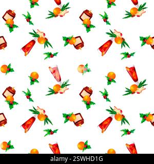 Festliche Tannenzweige, Orangen, Glühwein, Kekse, stechpalmenblätter, und eine Kerze in einem braunen Glas. Ein nahtloses Aquarellmuster für die Saison Stockfoto