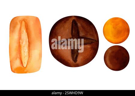 Aquarellabbildung einer Reihe von Broten Ciabatta, runder Sauerteig Roggenbrot und runden Brötchen. Perfekt, um die Wärme einer rustikalen Bäckerei zu wecken, ID Stockfoto