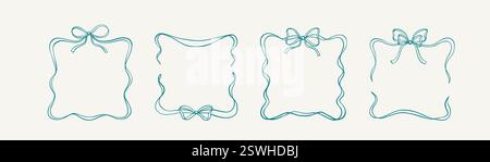 Satz quadratischer, skurriler Schleifenbänder. Coquette gewellter Rollbandrand. Vintage Flourish Hand gezeichnete Skizze Vektor Illustration. Hochzeit, Geburtstag Stock Vektor