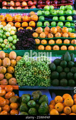 Ein lebhafter peruanischer Obstmarkt mit frischen Orangen Trauben, Avocados, Äpfeln und Cherimoya in einem farbenfrohen Arrangement Stockfoto