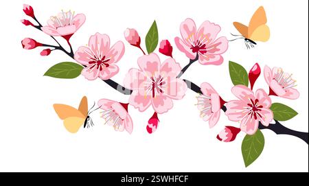 Elegante Kirschblüten-Vektor-Illustration mit zarten rosa Blumen mit Schmetterlingen auf einem ruhigen Zweig Stock Vektor