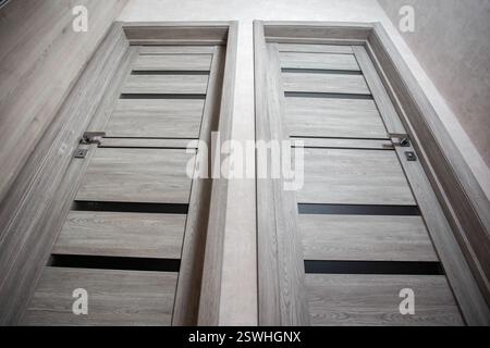 Zwei moderne graue Türen mit Glaseinsätzen zum ein- und Aussteigen in die Schlafzimmer im Apartment Stockfoto