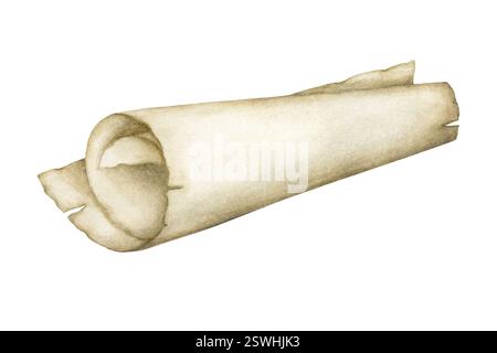 Beige Pergamentrolle, Blatt Vintage-Papierrolle mit alten gerissenen Kanten. Handgezeichnetes Aquarell isolierte Illustration der Handschrift. Vorlage mit Kopierraum für Text für Retro-Design, Aufkleber. Stockfoto