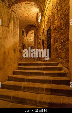 Panoramablick auf die mittelalterliche Stadt Caceres (UNESCO-Weltkulturerbe), Spanien, mit den Türmen und Kirchen seit einem Aussichtspunkt an einem sonnigen Tag. Stockfoto