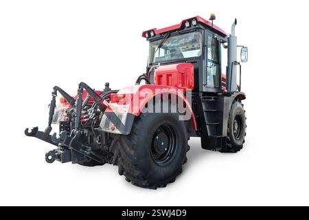 Roter schwerer Radtraktor isoliert auf weißem Hintergrund Stockfoto