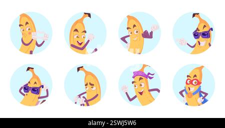 Banane. Niedliche Charaktere, Obst, Bananenmaskottchen mit verschiedenen Emotionen Stock Vektor