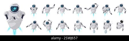 Niedliches KI-Roboter-Charakterset mit freundlichen Ausdrücken. Futuristisches 3D-Chatbot-Maskottchen für digitale Assistenten, Automatisierungs- oder Technologieanwendungen. Chatbot für Online-Technik oder virtuelle Kommunikation Stock Vektor