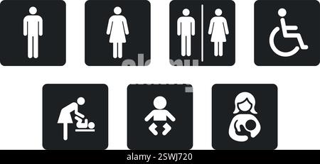 Einfache gemeinsame Toilette Baby Wickeltisch Raum behinderte Symbol Symbol Symbol Satz Vektor Ion transparenter Hintergrund Stock Vektor