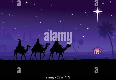 Klassische weihnachtskrippe Geburt von jesus christus im Stall mit 3 weisen Männern und Stern-lila Nachtszene Vektor-Illustration Stock Vektor