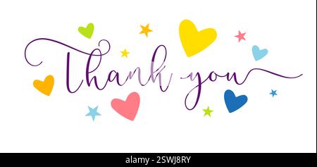 Danke, süße Karte. Kreative Grafik dank farbenfroher Herzen und Sterne. Straußkarte. Satz abstrakter Designelemente. Wunderschönes Begrüßungsbanner Stock Vektor