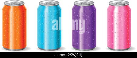 Realistische Aluminium Getränk Soda Pop Dosen farbig rosa blau lila orange gesetzt kalt mit Wassertröpfchen Vektor auf transparentem Hintergrund Stock Vektor