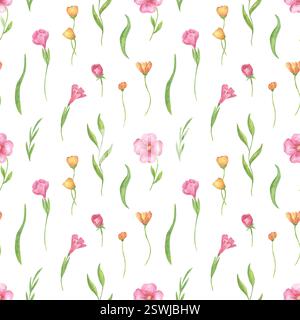 Nahtloses Blumenmuster in Aquarellfarben mit zarten Sommer-, Frühlingsveilchen, rosa und gelben Blüten. Botanisches Design von Wiesengräsern für Textilien, Stoffe und rustikale Tapeten. Stockfoto