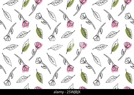 Nahtloses Muster mit Kirschblüten, japanischen Kirschblüten. Zarte rosa Knospen und Blätter, handgezeichnetes Vektormuster. Frühling - Sommerschmuck für Stoffe, Tapeten, Kleidung. Skizzendarstellung. Stock Vektor