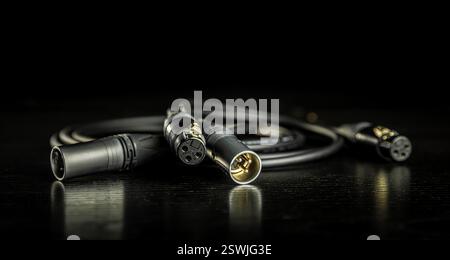 XLR-Audiokabel, die auf dunklem Hintergrund angeschlossen werden Stockfoto