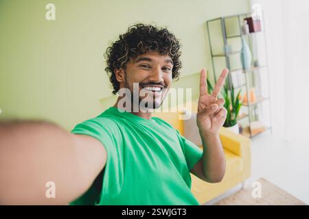 Foto von einem hübschen jungen Kerl Selfie machen V-Schild gekleidetes grünes Kleid geräumiges Haus im Innenraum Stockfoto
