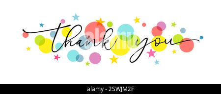 Dankeschön-Karte Konzept. Kreative Grafik Dank handschriftlicher Typografie, festlicher Kulisse mit farbenfrohen Elementen. Dekorative horizontale banne Stock Vektor