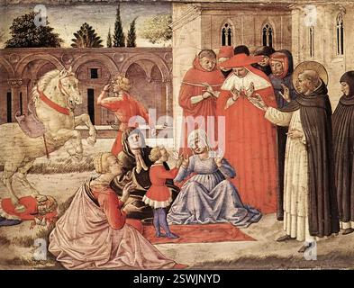 GOZZOLI, Benozzo (* ca. 1420, Firenze, d. 1497, Pistoia) St. Dominic Reuscitates Napoleone Orsini 1461 Tempera auf Platte, 25 x 35 cm Pinacoteca di Brera, Mailand diese kleine Platte war Teil einer Predella aus einem Altaraufsatz der Madonna, Engel und Heiligen, die von der Konfraternschaft der Jungfrau in Florenz in Auftrag gegeben wurde. Am 23. Oktober 1461 wurde der Vertrag für das Gemälde erstellt. Es ist ein bemerkenswertes Dokument in der Anzahl und Präzision seiner Vorgaben und Anweisungen. Der Maler wurde gebeten, Fra Angelicos Altarbild in San Marco als Vorbild zu verwenden Stockfoto