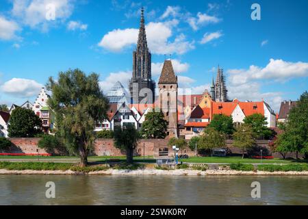 Ulmer Dom und Metzgerturm an der Donau in Ulm Stockfoto