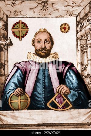 John Blagrave of Reading (* 1611) war ein englischer Tudor-Mathematiker, Astronom und Designer astronomischer und mathematischer Instrumente. Seine Astrolabentwürfe, die er in seinen Schriften beschrieb, wurden für Großbritannien weiterentwickelt. Detail einer Zeichnung des Grabdenkmals für John Blagrave in der St Laurence’s Church, Reading, die Blagrave selbst in Auftrag gab. Farbig. Stockfoto