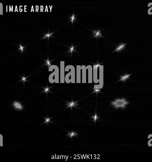 Die primäre Spiegelausrichtung des James Webb Space Telescope. Um die erste Stufe der Ausrichtung des Teleskops abzuschließen, wurden die primären Spiegelsegmente verschoben, um Sternenpunkte zu einem sechseckigen Bildfeld zu ordnen. Jeder Punkt des Sternenlichts ist mit dem entsprechenden Spiegelsegment gekennzeichnet, das ihn erfasst hat. Stockfoto