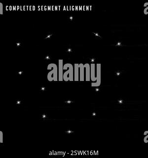 Ausrichtung der primären Spiegelsegmente am James Webb Space Telescope. Dieses sechseckige Bildarray, das mit dem NIRCam-Instrument des Webb-Teleskops aufgenommen wurde, zeigt den Fortschritt während der Segmentausrichtungsphase und richtet die 18 primären Spiegelsegmente und den sekundären Spiegel von Webb mithilfe präziser Bewegungen vom Boden aus weiter aus. Stockfoto
