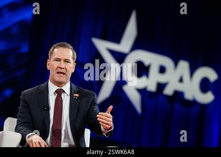 Oxon Hill, Usa. Februar 2025. Michael Waltz, nationaler Sicherheitsberater der Vereinigten Staaten, spricht am Freitag, den 21. Februar 2025 auf der Konservativen Politischen Aktionskonferenz (CPAC) in National Harbor, Maryland, USA. 2025. Vermerk: Annabelle Gordon/CNP/SIPA USA Vermerk: SIPA USA/Alamy Live News Stockfoto