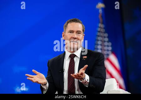 Oxon Hill, Usa. Februar 2025. Michael Waltz, nationaler Sicherheitsberater der Vereinigten Staaten, spricht am Freitag, den 21. Februar 2025 auf der Konservativen Politischen Aktionskonferenz (CPAC) in National Harbor, Maryland, USA. 2025. Vermerk: Annabelle Gordon/CNP/SIPA USA Vermerk: SIPA USA/Alamy Live News Stockfoto