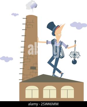 Cartoon-Kaminkehrer steht auf dem Dach. Fröhlicher Kaminkehrer im Hut mit einem Seil und einer Kaminbürste auf dem Dach Stock Vektor