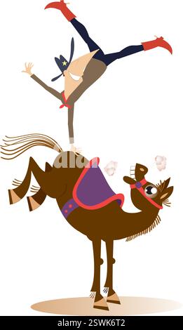 Cartoon-Mann reitet Pferd. Cartoon-Mann reitet Pferd. Lustiger Farmer oder Cowboy balanciert auf einer Hand auf dem Rücken des Pferdes Stock Vektor