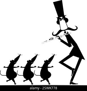 Zeichentrickmusiker spielt Flöte für Ratten oder Maus. Lustiger langer Schnurrbart-Mann im Oberhut, der Flöte zu niedlichen tanzenden Ratten oder Maus spielt. Schwarz-weiß Stock Vektor