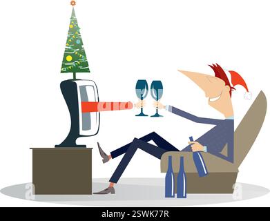 Weihnachten, Neujahr, junger Mann schaut fern und trinkt Alkohol. Lächelnde Person sitzt in einem Sessel und klitzt Glas mit der Hand mit Glas aus dem Fernseher Stock Vektor