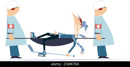 Verletzte Eishockeyspieler, zwei Ärzte mit einer Bahre. Zwei Ärzte tragen einen verletzten Eishockeyspieler in einer Trage. Isoliert auf weiß Stock Vektor