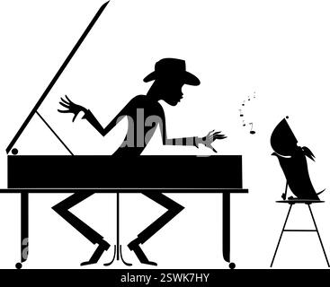 Pianist spielt Klavier und singt zusammen mit einem Hund. Pianist spielt Klavier und der Hund heult. Ursprüngliche Silhouette. Abbildung schwarz auf weiß Stock Vektor
