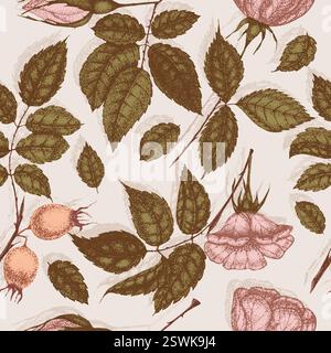 Wilde Rosenblüten Zeichnung und Zeichnung mit Pointillismus. Vintage-Muster von Zweigen mit Hagebuttenfrüchten und Blättern. Stock Vektor