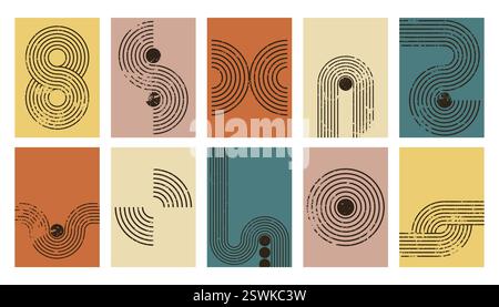 Abstraktes, strukturiertes Posterset im Mid Century-Stil. Gestreifte Formen. Bauhaus Minimal Card Design Kollektion. Moderne Wanddekoration. Stock Vektor