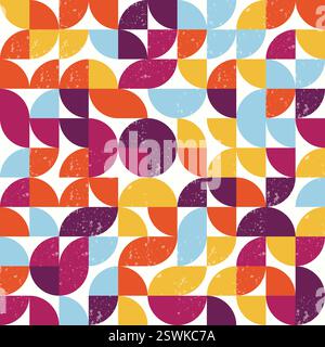 Modernes nahtloses Bauhaus-Muster mit Halbkreisen und Grunge-Texturen. Geometrisches Muster, Kachel, Mosaikhintergrund. Stock Vektor